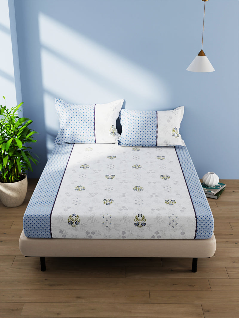 100% Pure Cotton Double Bedsheet With 2 Pillow Covers <small> (stripe-blue/grey)</small>