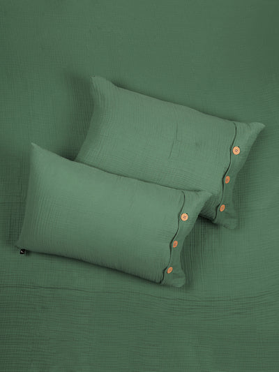 100% Cotton Bedsheet With 2 Pillow Covers With 4 Layers Seersucker <small> (solid-green)</small>