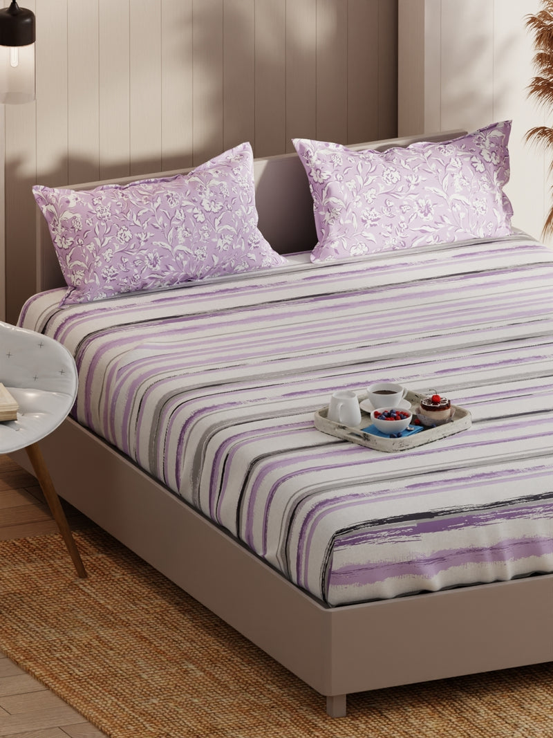 Extra Smooth Micro Double Bedsheet With 2 Pillow Covers <small> (stripe-grey/lilac)</small>