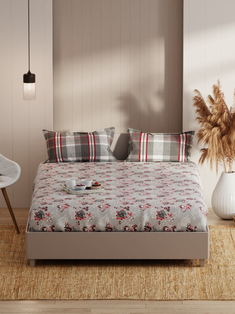 Extra Smooth Micro Double Bedsheet With 2 Pillow Covers <small> (floral-grey/red)</small>