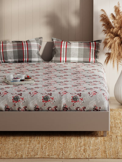 Extra Smooth Micro Double Bedsheet With 2 Pillow Covers <small> (floral-grey/red)</small>