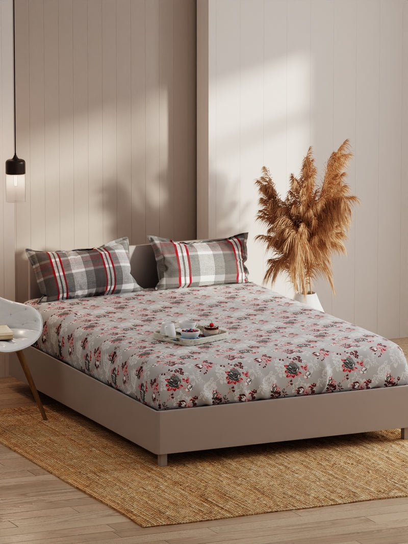 Extra Smooth Micro Double Bedsheet With 2 Pillow Covers <small> (floral-grey/red)</small>