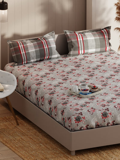 Extra Smooth Micro Double Bedsheet With 2 Pillow Covers <small> (floral-grey/red)</small>