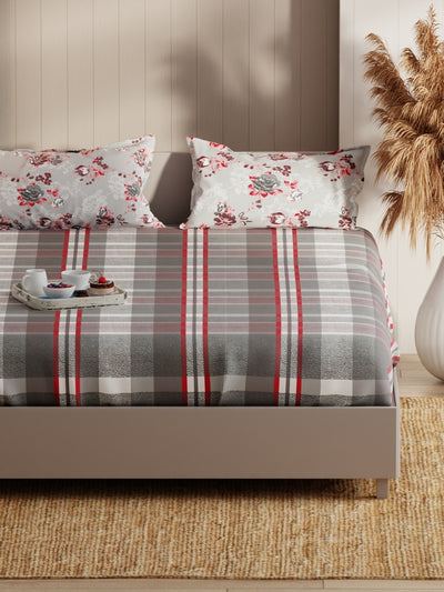 Extra Smooth Micro Double Bedsheet With 2 Pillow Covers <small> (checks-red/grey)</small>