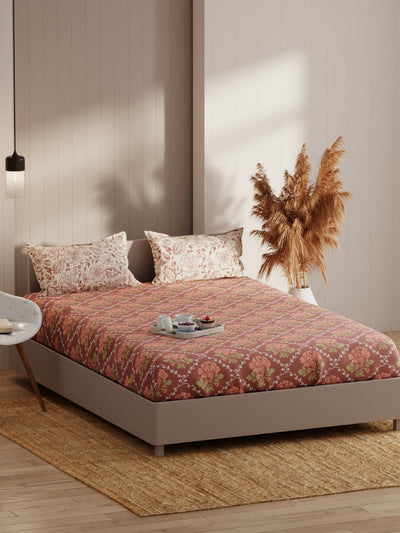 Extra Smooth Micro Fitted Double Bedsheet With 2 Pillow Covers <small> (floral-brown/brick)</small>