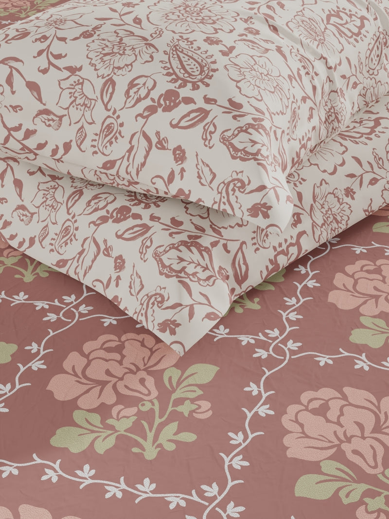 Extra Smooth Micro Fitted Double Bedsheet With 2 Pillow Covers <small> (floral-brown/brick)</small>