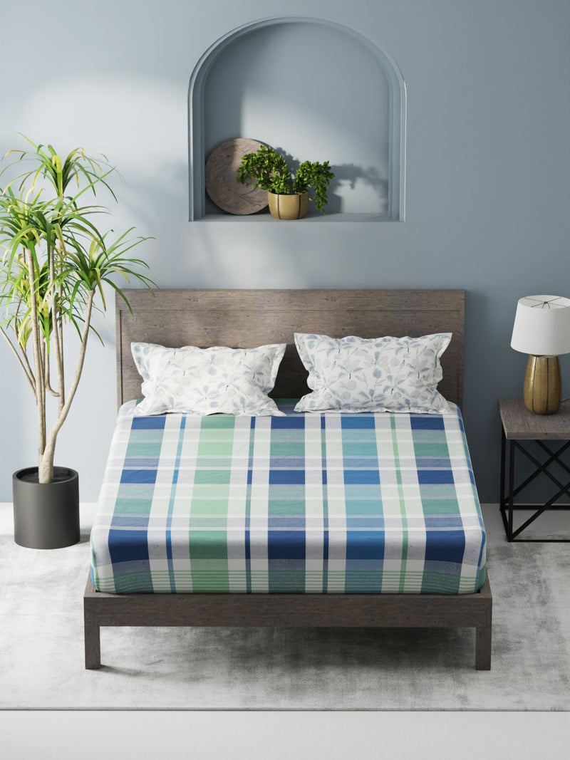 Bamboo Micro King Bedsheet With 2 Pillow Covers <small> (checks-mint/blue)</small>