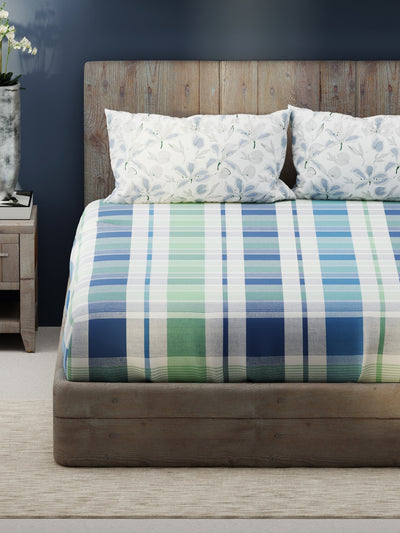 Bamboo Micro King Bedsheet With 2 Pillow Covers <small> (checks-mint/blue)</small>