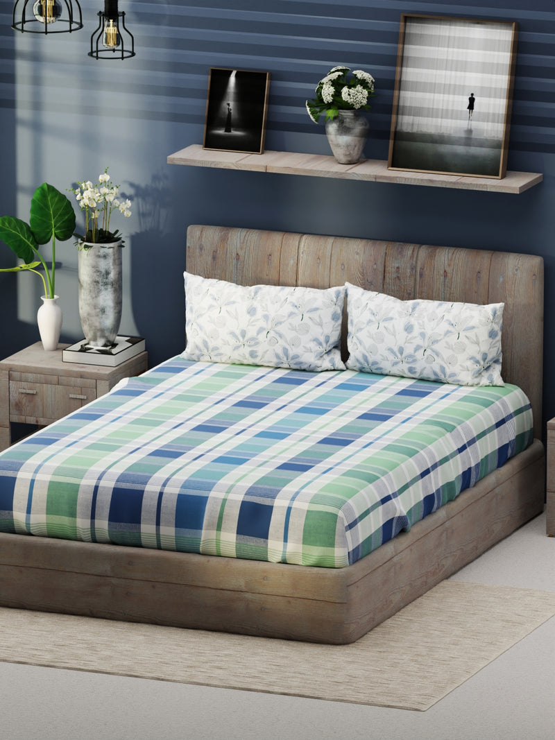 Bamboo Micro King Bedsheet With 2 Pillow Covers <small> (checks-mint/blue)</small>