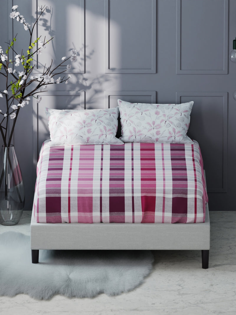 Bamboo Micro King Bedsheet With 2 Pillow Covers <small> (checks-pink/grape)</small>