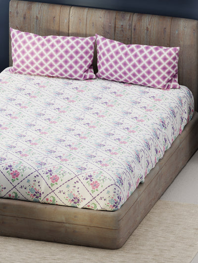 Bamboo Micro King Bedsheet With 2 Pillow Covers <small> (floral-white/violet)</small>