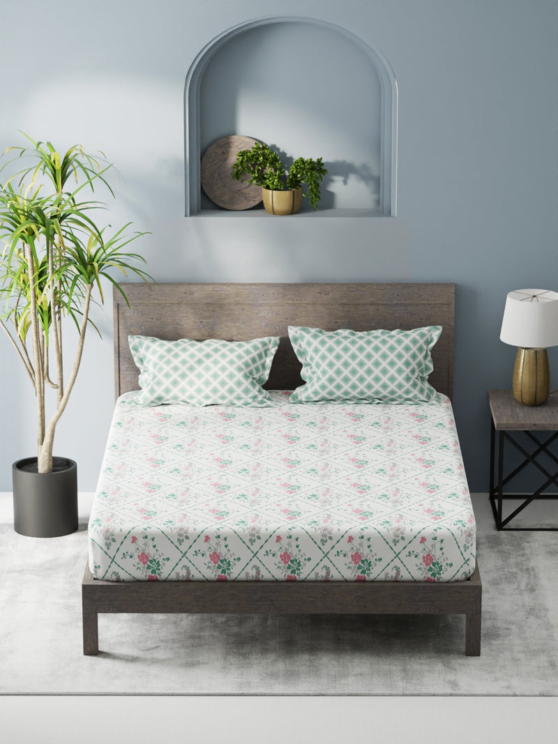 Bamboo Micro King Bedsheet With 2 Pillow Covers <small> (floral-white/green)</small>