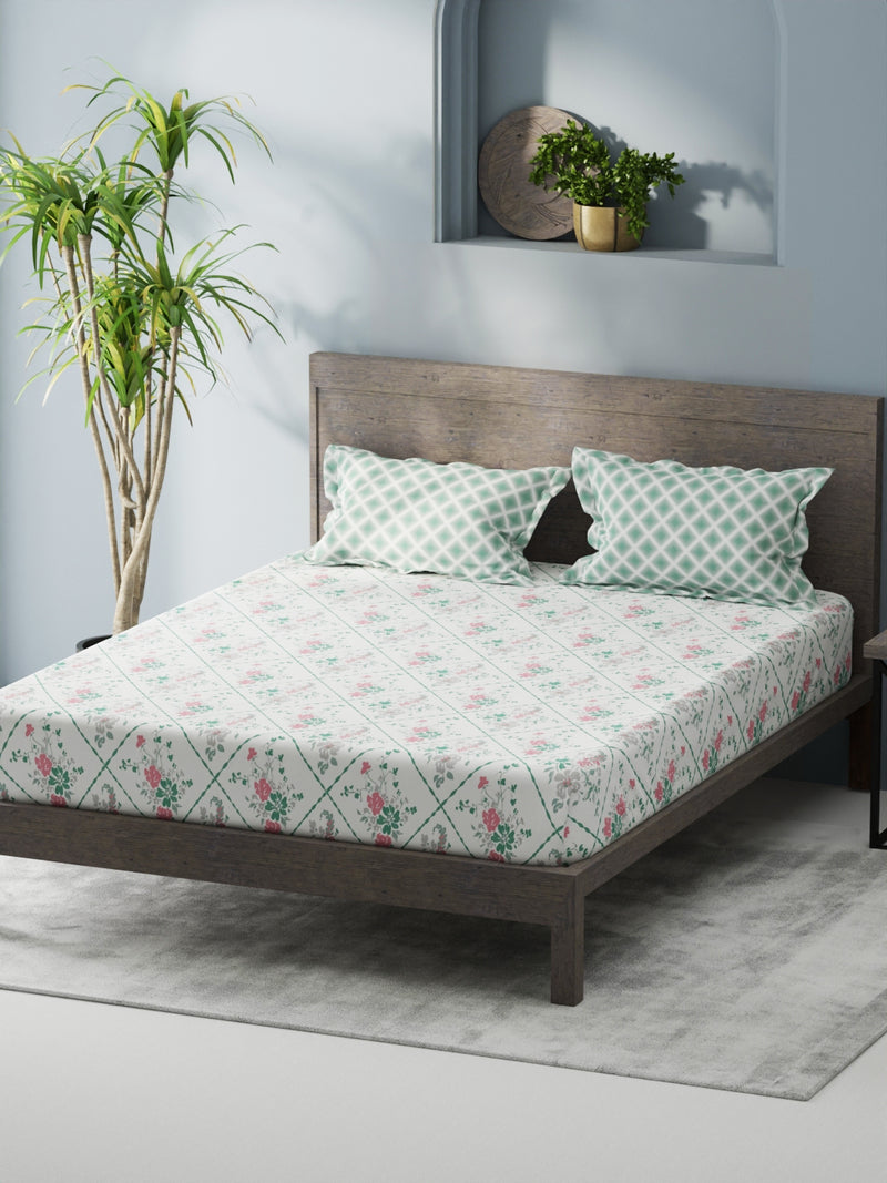 Bamboo Micro King Bedsheet With 2 Pillow Covers <small> (floral-white/green)</small>