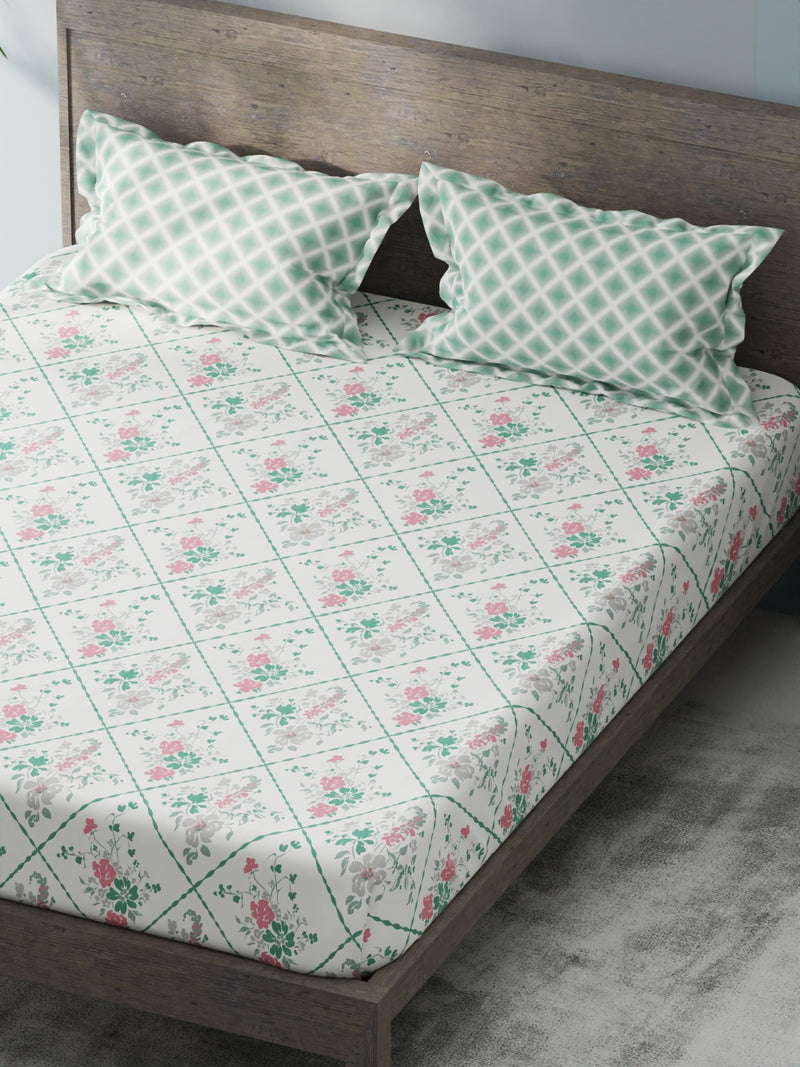 Bamboo Micro King Bedsheet With 2 Pillow Covers <small> (floral-white/green)</small>