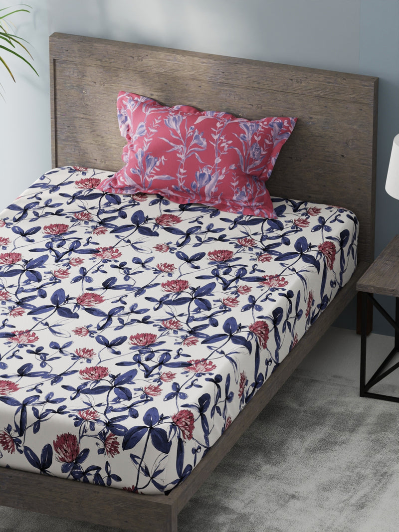 Bamboo Micro Single Bedsheet With 1 Pillow Covers <small> (floral-pink/blue)</small>