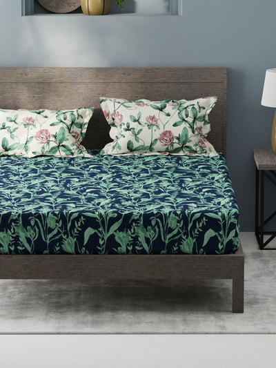 Bamboo Micro Fitted King Bedsheet With 2 Pillow Covers <small> (floral-navy/green)</small>