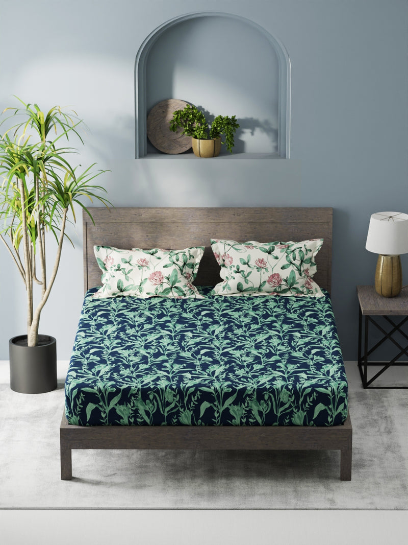 Bamboo Micro King Bedsheet With 2 Pillow Covers <small> (floral-navy/green)</small>