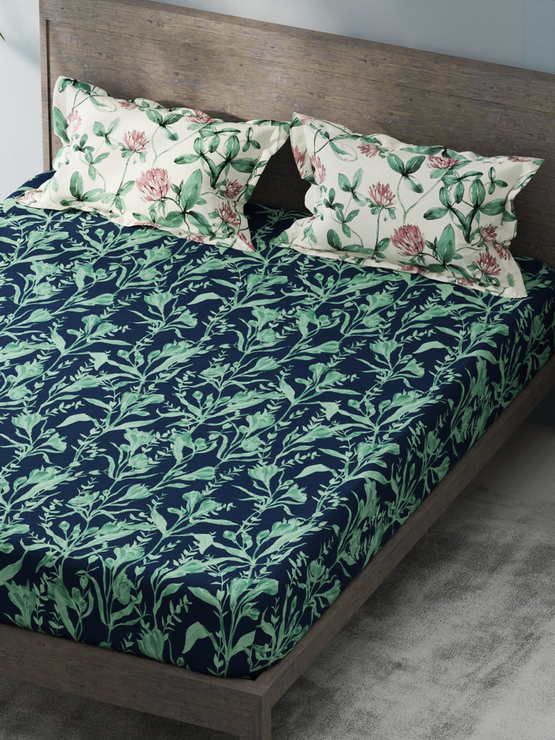 Bamboo Micro King Bedsheet With 2 Pillow Covers <small> (floral-navy/green)</small>