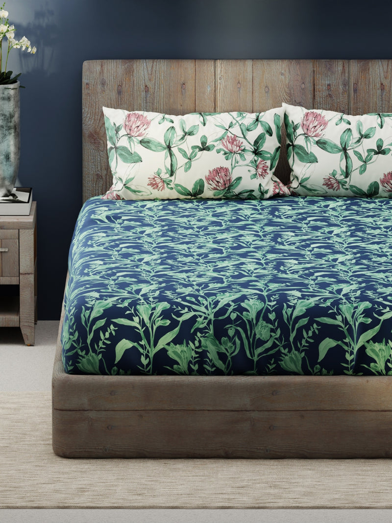 Bamboo Micro King Bedsheet With 2 Pillow Covers <small> (floral-navy/green)</small>