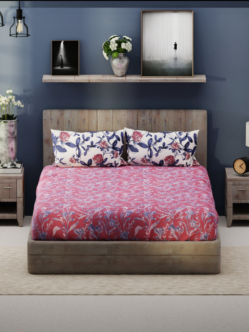 Bamboo Micro King Bedsheet With 2 Pillow Covers <small> (floral-rose/blue)</small>