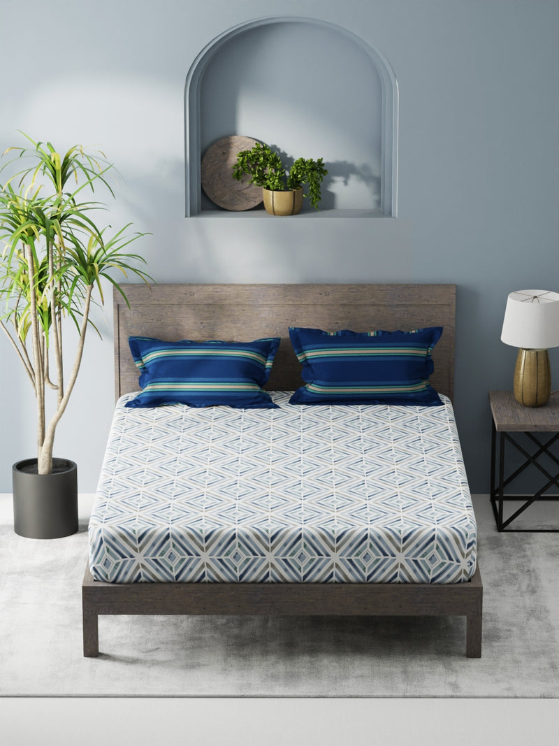 Bamboo Micro King Bedsheet With 2 Pillow Covers <small> (geometric-blue)</small>