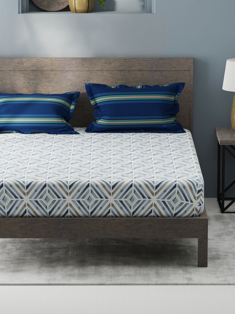 Bamboo Micro King Bedsheet With 2 Pillow Covers <small> (geometric-blue)</small>