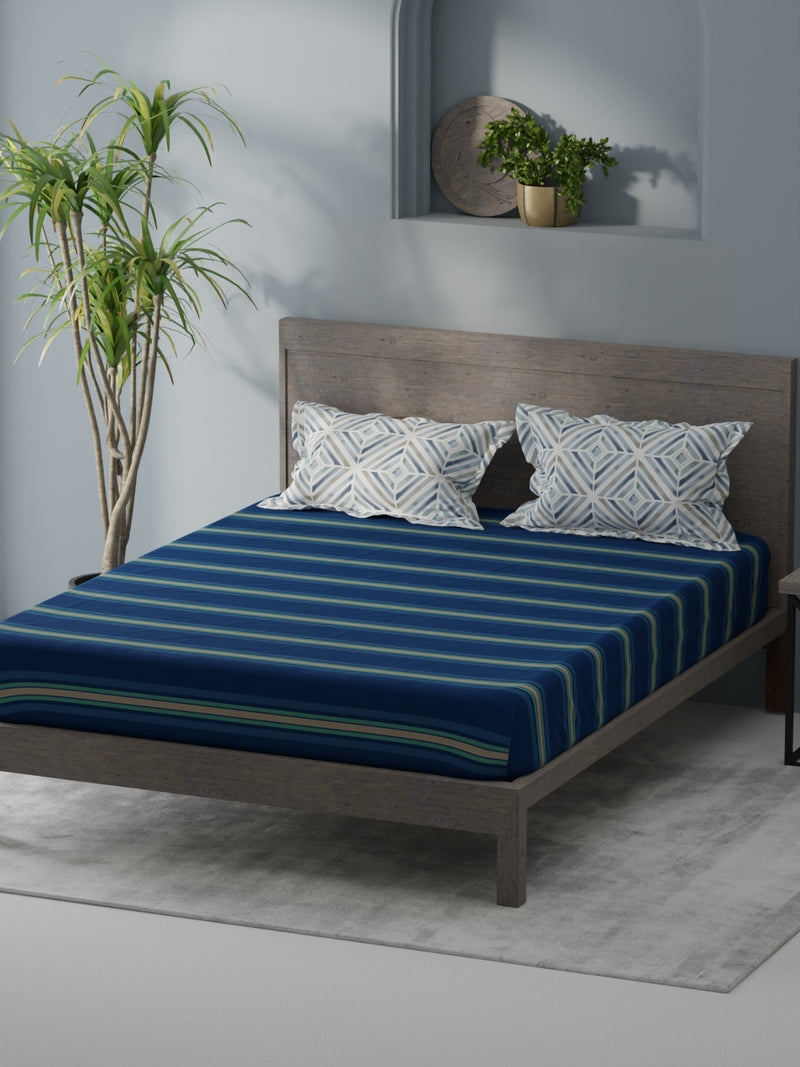 Bamboo Micro Fitted King Bedsheet With 2 Pillow Covers <small> (stripe-dk.blue)</small>