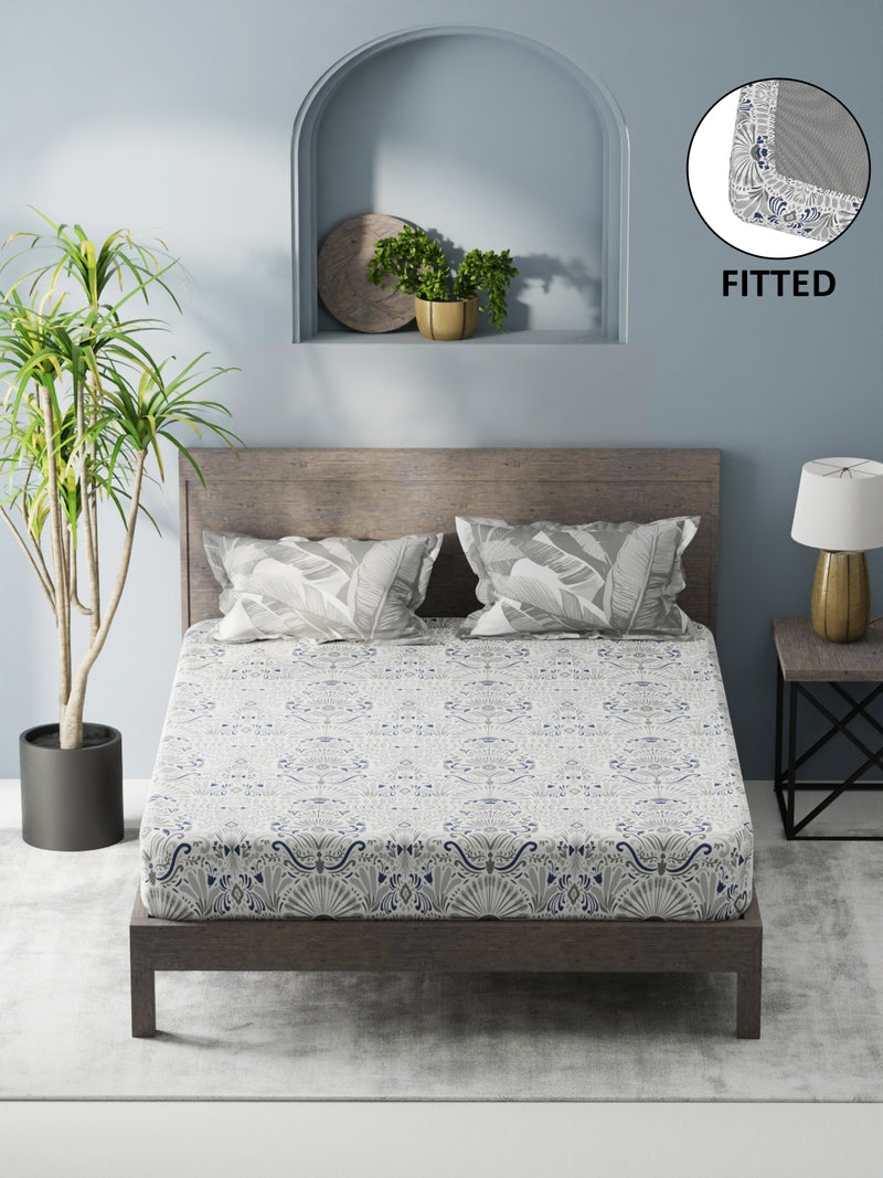 Bamboo Micro Fitted King Bedsheet With 2 Pillow Covers <small> (ornamental-grey/blue)</small>