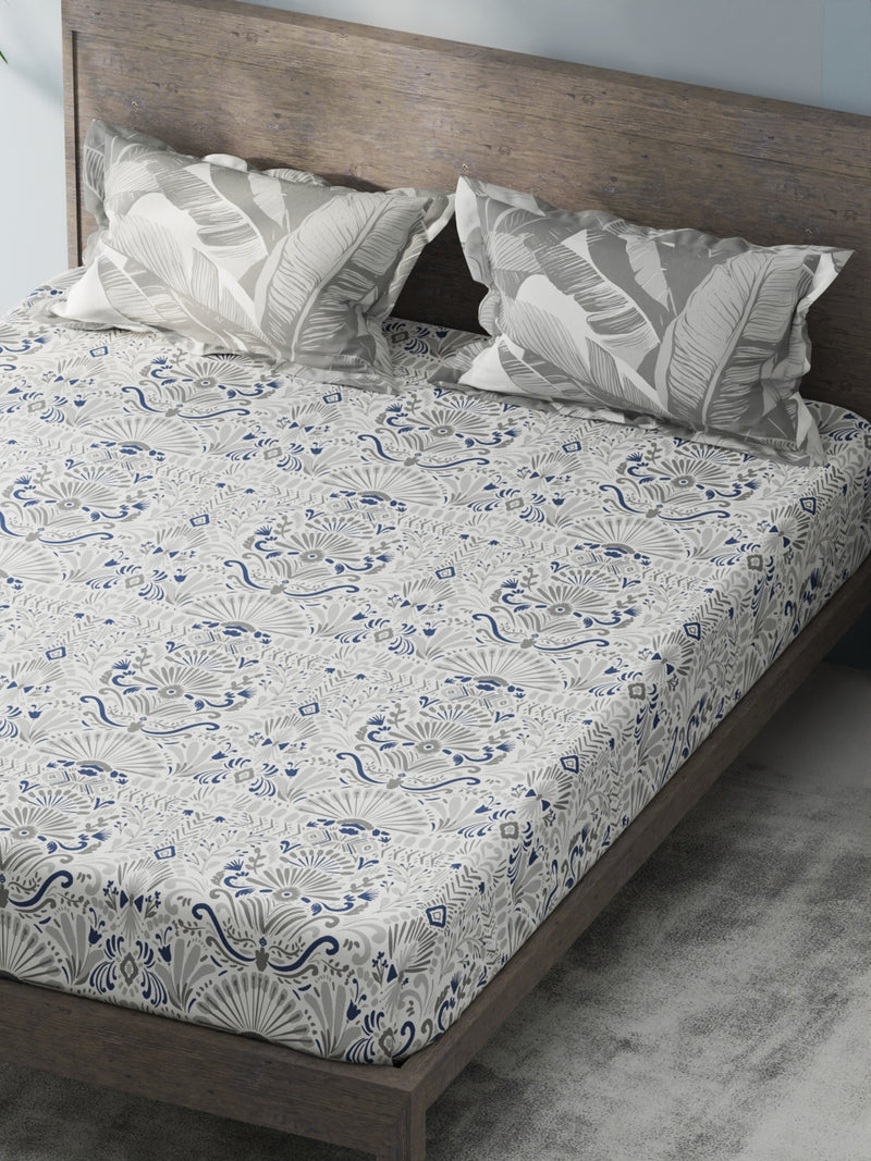 Bamboo Micro King Bedsheet With 2 Pillow Covers <small> (ornamental-grey/blue)</small>