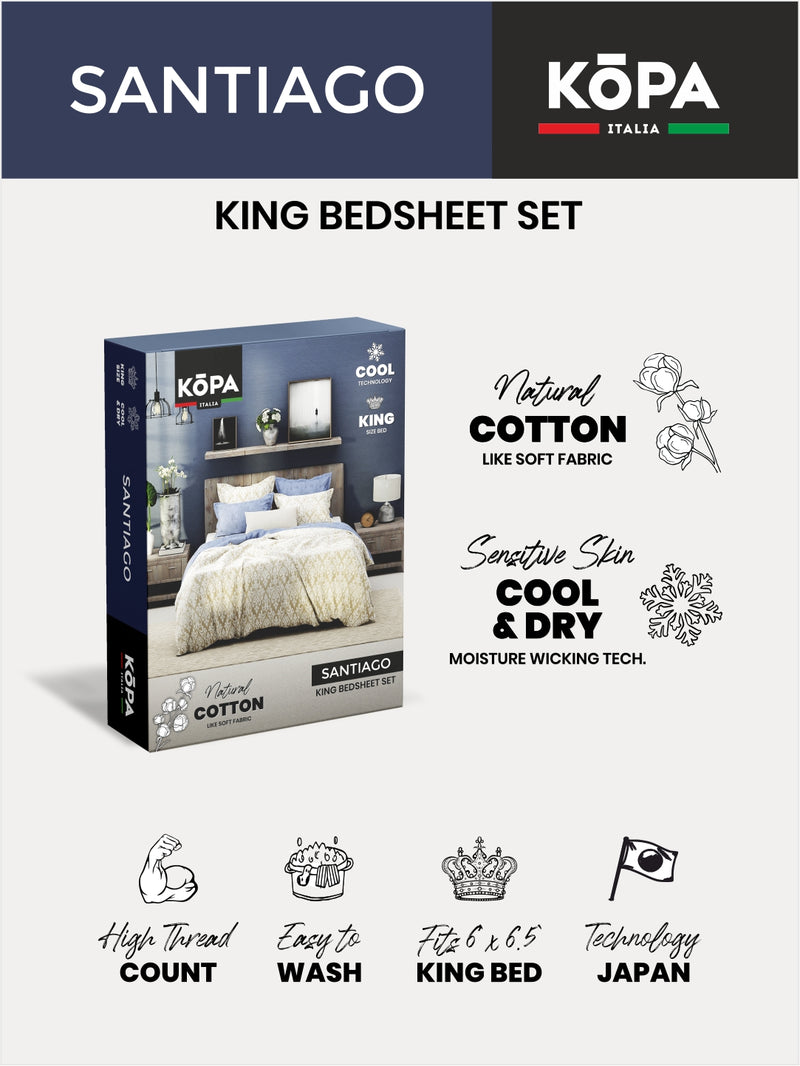 Bamboo Micro King Bedsheet With 2 Pillow Covers <small> (ornamental-grey/blue)</small>