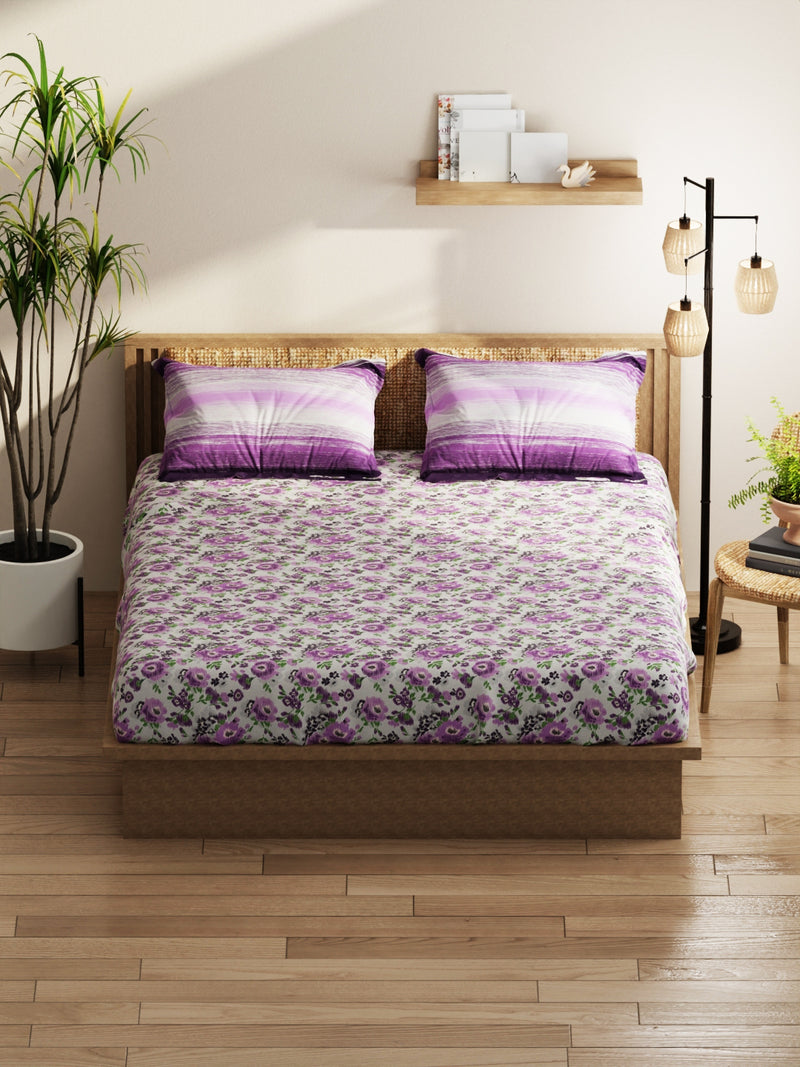 Extra Smooth Micro Double Bedsheet With 2 Pillow Covers <small> (floral-grey/purple)</small>