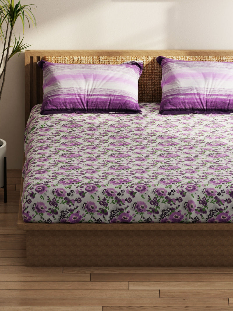 Extra Smooth Micro Double Bedsheet With 2 Pillow Covers <small> (floral-grey/purple)</small>