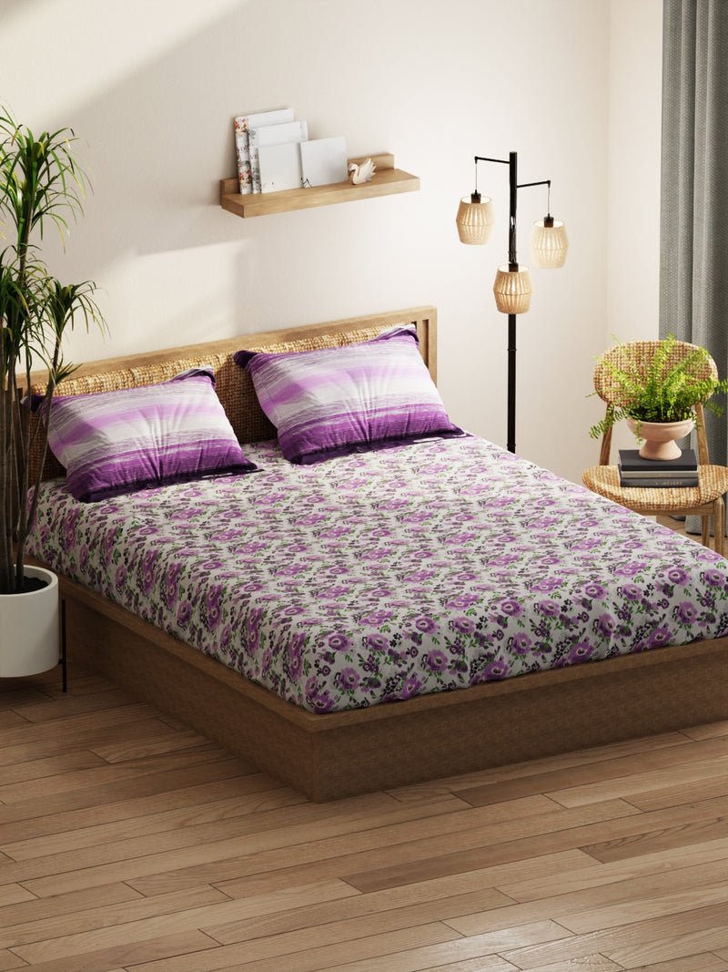 Extra Smooth Micro Double Bedsheet With 2 Pillow Covers <small> (floral-grey/purple)</small>