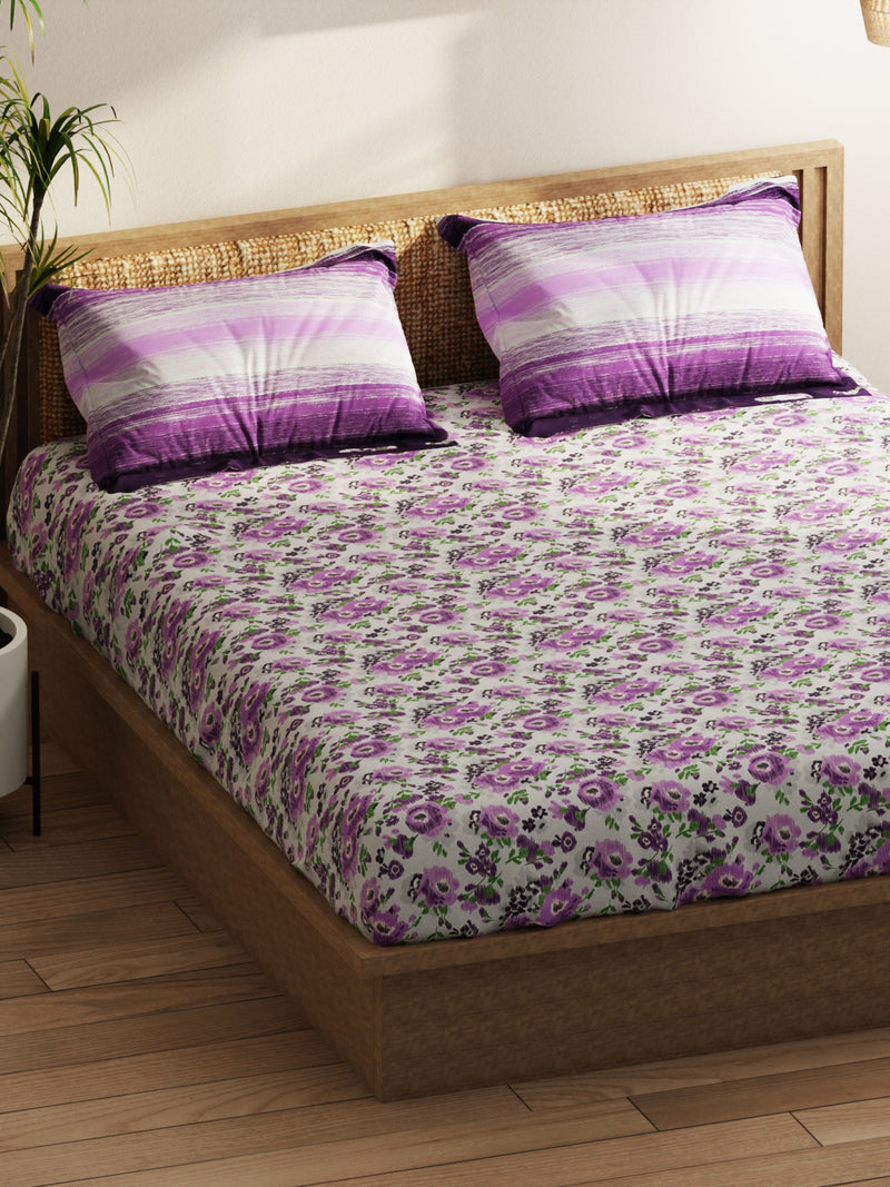 Extra Smooth Micro Double Bedsheet With 2 Pillow Covers <small> (floral-grey/purple)</small>