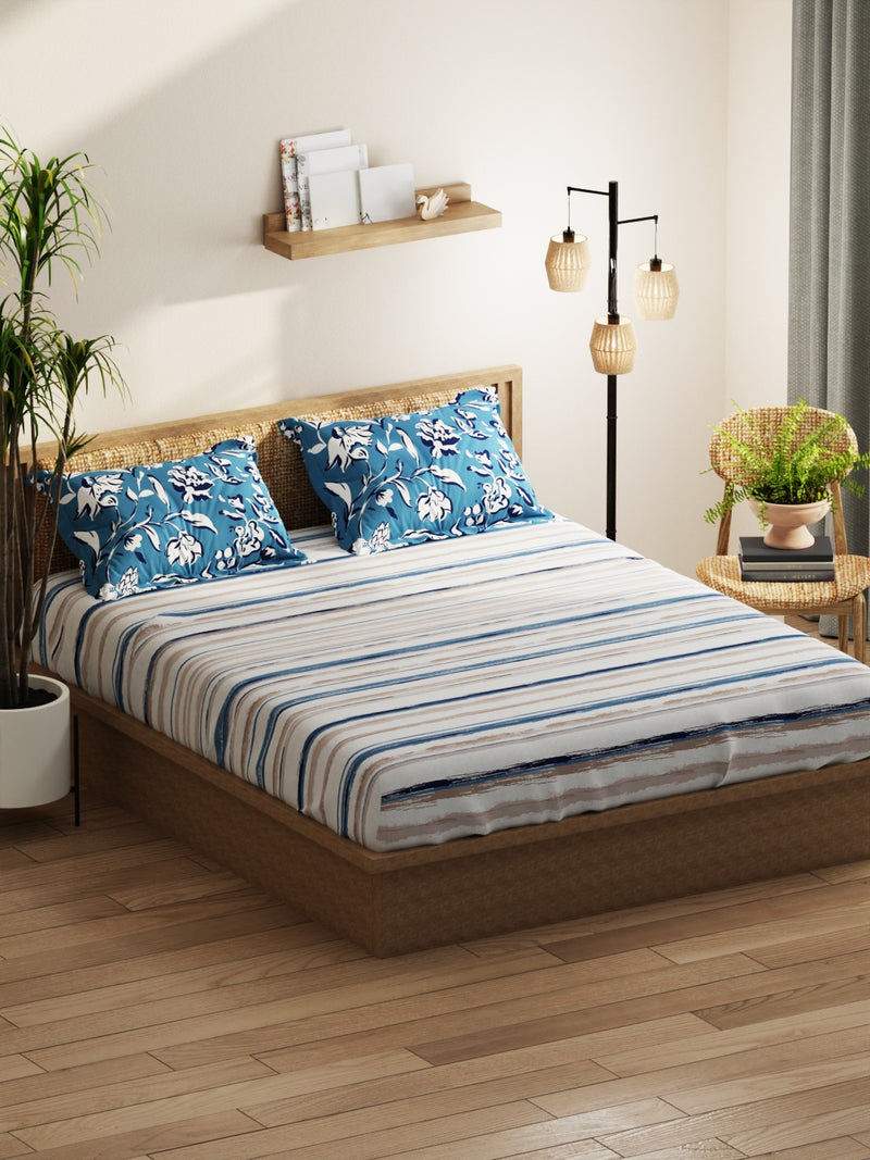 Extra Smooth Micro Double Bedsheet With 2 Pillow Covers <small> (stripe-grey/blue)</small>