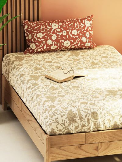 Extra Smooth Micro Single Bedsheet With 1 Pillow Cover <small> (floral-beige/grey)</small>