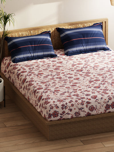 Extra Smooth Micro Double Bedsheet With 2 Pillow Covers <small> (floral-brick/blue)</small>