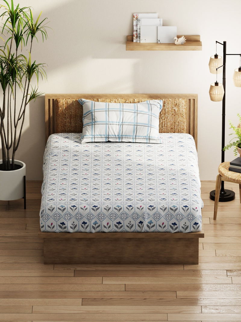 Extra Smooth Micro Single Bedsheet With 1 Pillow Covers <small> (floral-ivory/blue)</small>