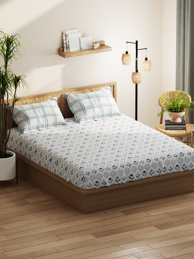 Extra Smooth Micro Double Bedsheet With 2 Pillow Covers <small> (floral-ivory/blue)</small>