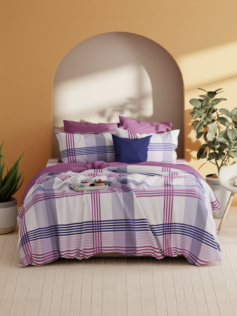 Soft 100% Natural Cotton Xl King Fitted Bedsheet With Elastic Edges With 2 Pillow Covers <small> (stripe-purple/blue)</small>