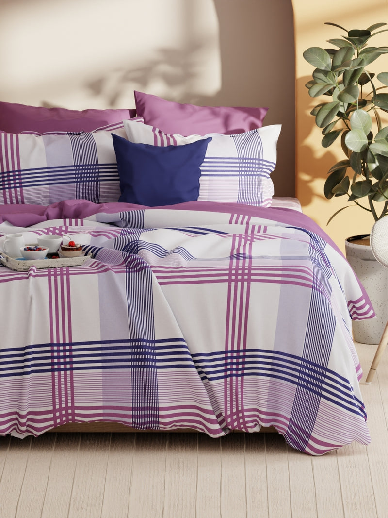 Soft 100% Natural Cotton Xl King Fitted Bedsheet With Elastic Edges With 2 Pillow Covers <small> (stripe-purple/blue)</small>