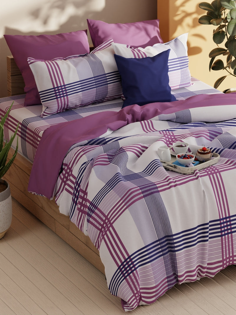 Soft 100% Natural Cotton Xl King Fitted Bedsheet With Elastic Edges With 2 Pillow Covers <small> (stripe-purple/blue)</small>