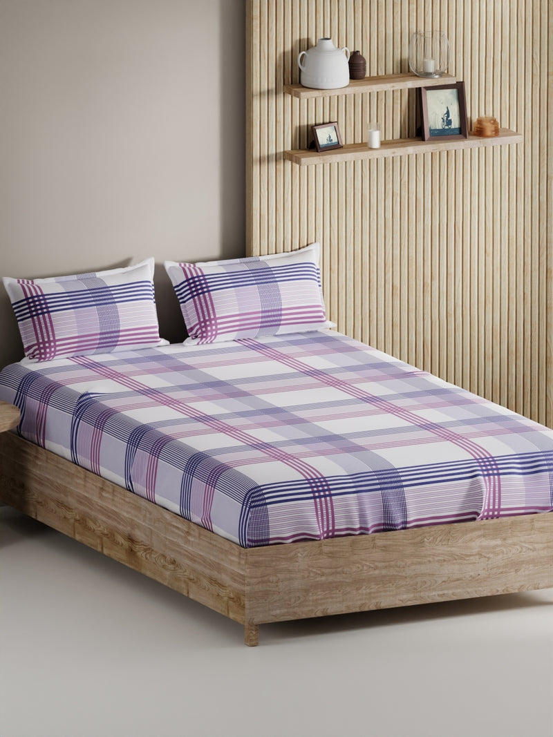 Soft 100% Natural Cotton, King Size Double Bedsheet With 2 Pillow Covers <small> (stripe-purple/blue)</small>