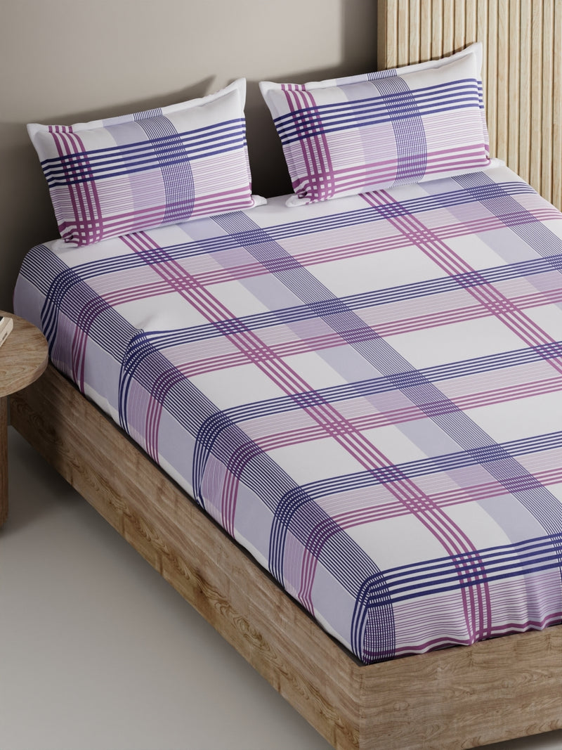 Soft 100% Natural Cotton, King Size Double Bedsheet With 2 Pillow Covers <small> (stripe-purple/blue)</small>