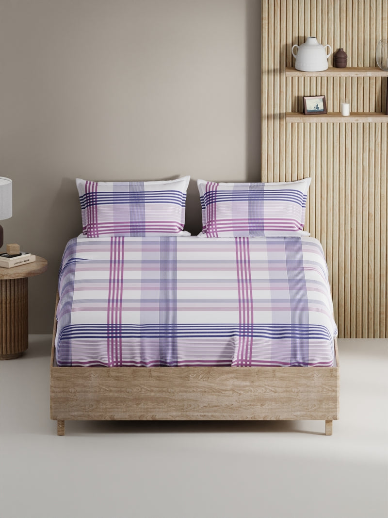 Soft 100% Natural Cotton, King Size Double Bedsheet With 2 Pillow Covers <small> (stripe-purple/blue)</small>