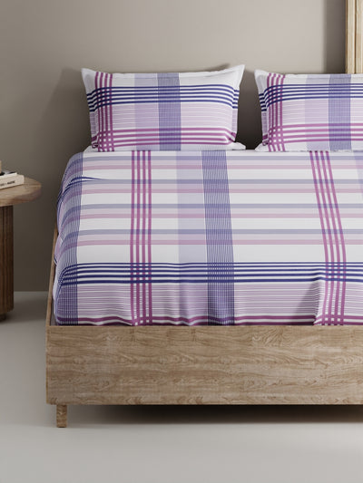 Soft 100% Natural Cotton, King Size Double Bedsheet With 2 Pillow Covers <small> (stripe-purple/blue)</small>