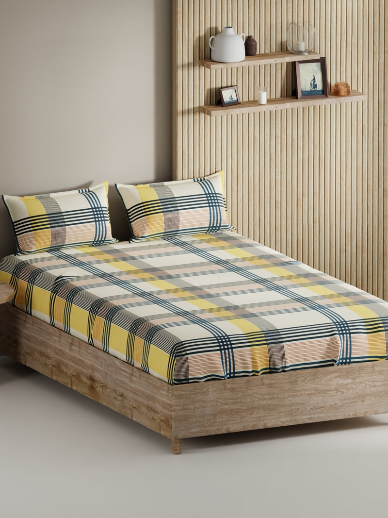 Soft 100% Natural Cotton, King Size Double Bedsheet With 2 Pillow Covers <small> (stripe-yellow/teal)</small>