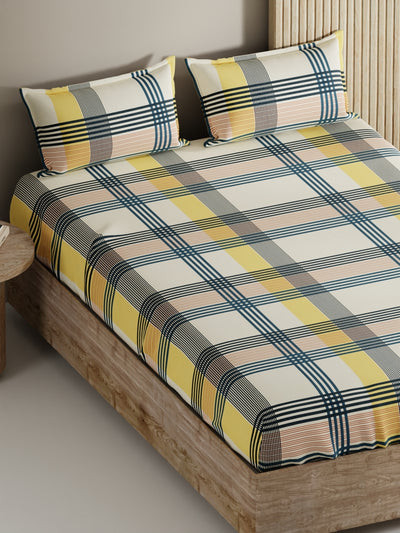 Soft 100% Natural Cotton, King Size Double Bedsheet With 2 Pillow Covers <small> (stripe-yellow/teal)</small>