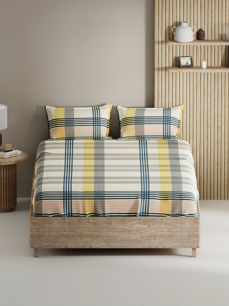 Soft 100% Natural Cotton, King Size Double Bedsheet With 2 Pillow Covers <small> (stripe-yellow/teal)</small>