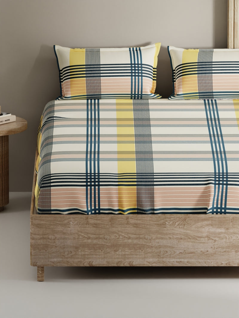 Soft 100% Natural Cotton, King Size Double Bedsheet With 2 Pillow Covers <small> (stripe-yellow/teal)</small>